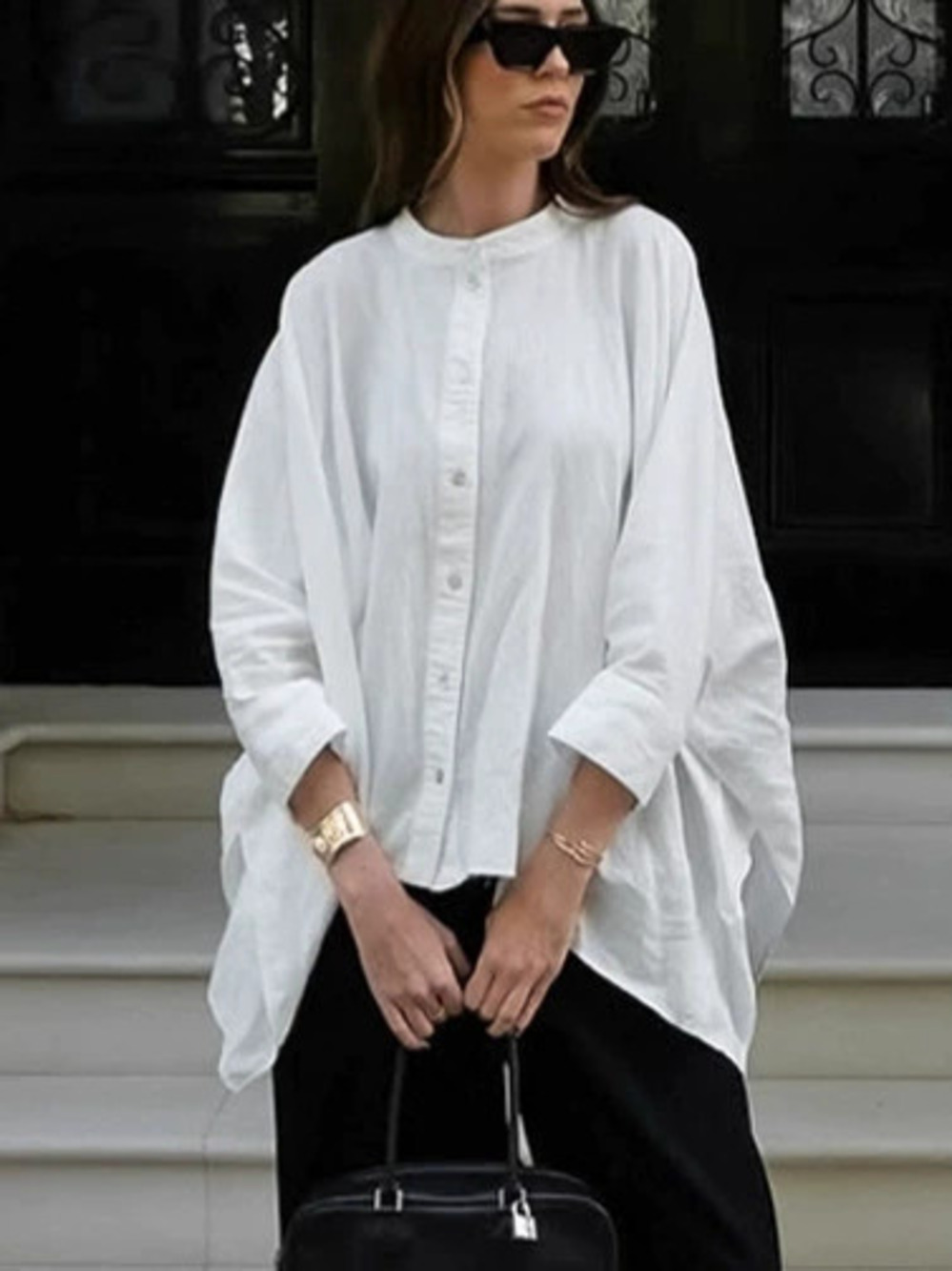 Forever 21 Fall Oversized Cotton Batwing Sleeve Round Neck White Shirt